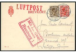 25 øre Chr. X helsagsbrevkort (fabr. 73-Z) opfrankeret med 20 øre Chr. X sendt som luftpostbrevkort annulleret København Luftpost sn2 d. 5.7.1924 til Bochum, Tyskland. Tysk luftpoststempel Mit Luftpost befördert Hamburg 1.