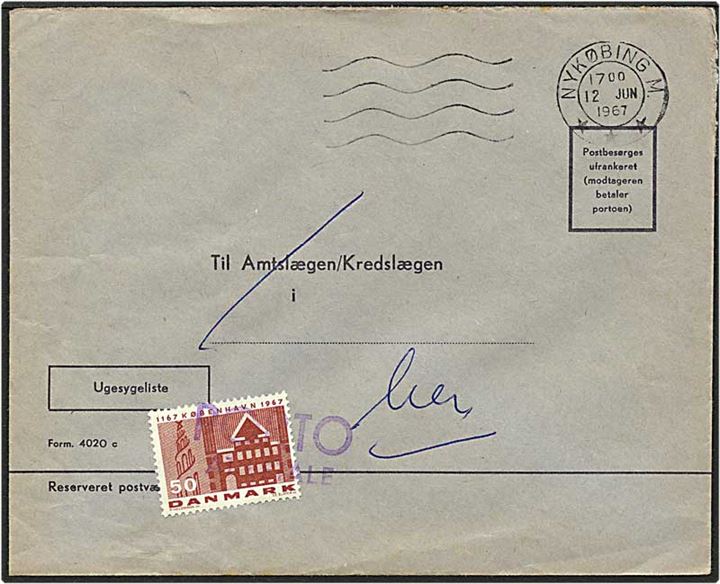 50 øre rød København 800 års jubilæum som porto på lokalt ufrankeret brev fra Nykøbing M. d. 12.6.1967.