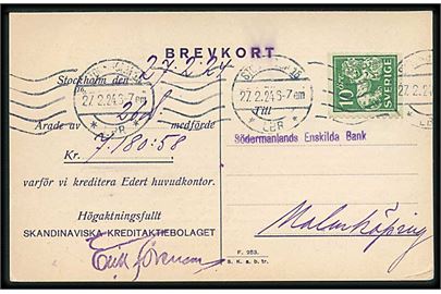 10 öre Løve med perfin SK på brevkort fra Skandinaviska Kreditaktiebolaget i Stockholm d. 27.2.1924 til Malmköping.