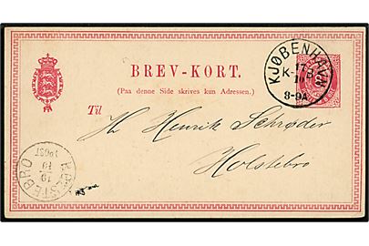 8 øre helsagsbrevkort fra Rosenborg Brøndanstalt annulleret med lapidar Kjøbenhavn KB d. 17.10.1878 til Holstebro.