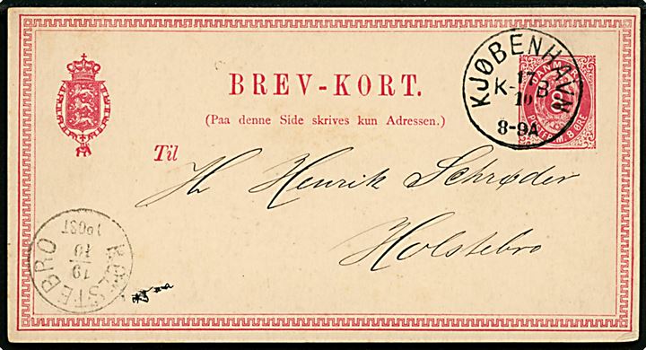 8 øre helsagsbrevkort fra Rosenborg Brøndanstalt annulleret med lapidar Kjøbenhavn KB d. 17.10.1878 til Holstebro.