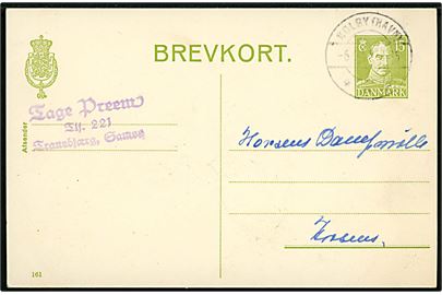 15 øre Chr. X på brevkort fra Tranebjerg på Samsø annulleret med brotype IIc Kolby (Havn) d. 6.?.194? til Horsens.