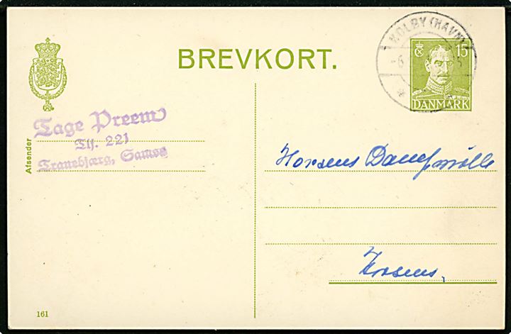 15 øre Chr. X på brevkort fra Tranebjerg på Samsø annulleret med brotype IIc Kolby (Havn) d. 6.?.194? til Horsens.