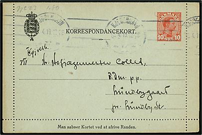 10 øre Chr. X helsagskorrespondancekort med fuld rand fra Kjøbenhavn d. 13.4.1919 til Hofjægermester Collet, Ridder af Dannebrog p.p., Lundbygaard pr. Lundby St.