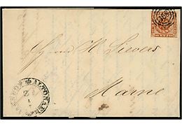 4 sk. 1858 udg. 2.tryk på brev annulleret med nr.stempel 168 og sidestemplet Altonaer Bahnhof d. 1.7.1860 via Elmsh:-Itzeh:Ebn:Post:Bur: til Marne.