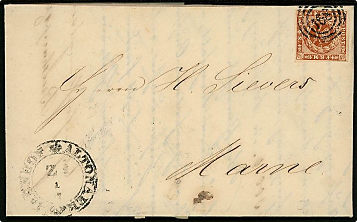 4 sk. 1858 udg. 2.tryk på brev annulleret med nr.stempel 168 og sidestemplet Altonaer Bahnhof d. 1.7.1860 via Elmsh:-Itzeh:Ebn:Post:Bur: til Marne.