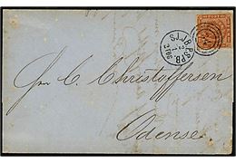 4 sk. 1858 udg. 4. tryk på brev fra København annulleret med kombineret nr.stempel 34/SJ.JB.P.SPB. d. 2.1.1862 til Odense.