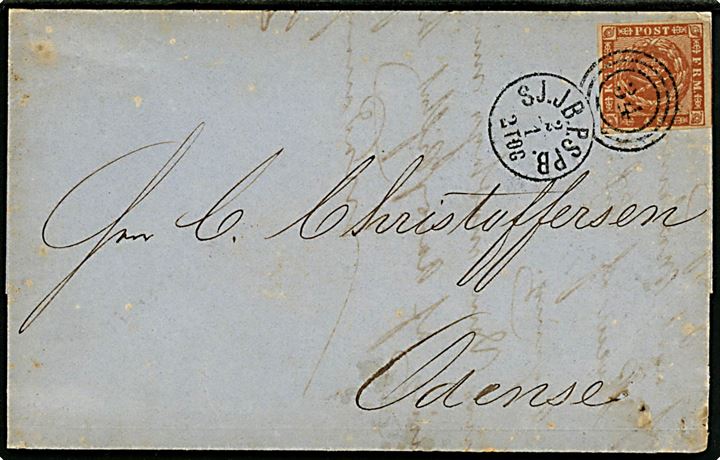 4 sk. 1858 udg. 4. tryk på brev fra København annulleret med kombineret nr.stempel 34/SJ.JB.P.SPB. d. 2.1.1862 til Odense.