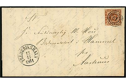 4 sk. 1858 udg. 3.tryk på brev annulleret med nr.stempel 19 og sidestemplet antiqua Frederikshavn d. 12.11.1861 via Aalborg til Birkecontoiret i Hammel pr. Aarhus. Hammel fik eget brevsamlingssted i 1864.