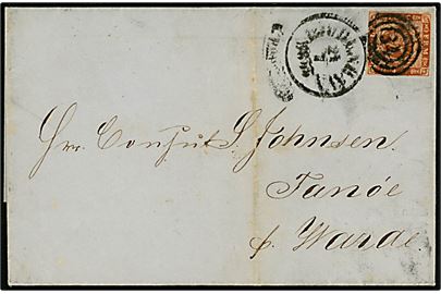 4 sk. 1854 udg. på brev annulleret med uldent pølsestempel 34/Kiøbenhavn/JRB.PST.EXP. d. 21.7.1855 til Fanøe pr. Varde.