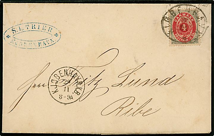 4 sk. Tofarvet på brev annulleret med ovalt overnatningsstempel Kiøbenhavn d. 30.11.1872 og sidestemplet lapidar Kjøbenhavn K.B. d. 29.11.1872 til Ribe.