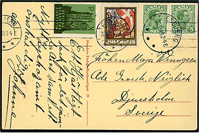 5 øre Chr. X (par), Julemærke 1919 og Verdensfredsmærke på brevkort (Esbjerg, Esbjerghus) fra Esbjerg d. 30.12.1919 til Djursholm, Sverige.