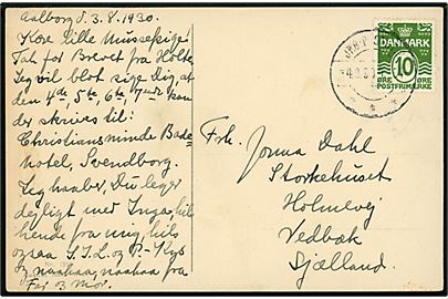 10 øre Bølgelinie på brevkort fra Aalborg annulleret med reserve bureaustempel (R23) JBR-POSTKT. 2 sn1 T.54 d. 4.8.1930 til Vedbæk. Reservestempel benyttet på strækningen Fredericia-Aalborg. 