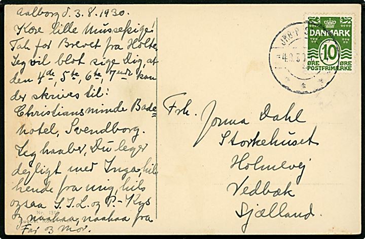 10 øre Bølgelinie på brevkort fra Aalborg annulleret med reserve bureaustempel (R23) JBR-POSTKT. 2 sn1 T.54 d. 4.8.1930 til Vedbæk. Reservestempel benyttet på strækningen Fredericia-Aalborg. 