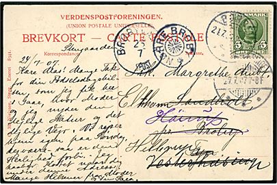 5 øre Fr. VIII på brevkort fra Borre d. 24.7.1907 til Sandholt pr. Broby - eftersendt flere gange med stjernestempel NØRRE-BROBY.