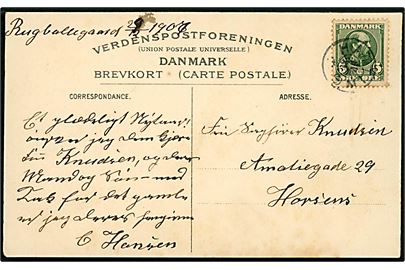 5 øre Chr. IX på brevkort (Hilsen fra Hatting med jernbanespor) dateret d. 29.12.1907 og annulleret med stjernestempel HATTING til Horsens.