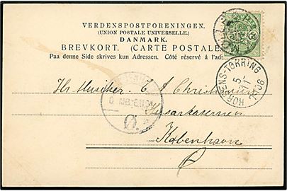 5 øre Våben på brevkort (Hilsen fra Rask Mølle St.) annulleret med stjernestempel RASK MØLLE og sidestemplet lapidar bureaustempel Horsens - Tørring 7 Tog d. 5.11.1904 til København.
