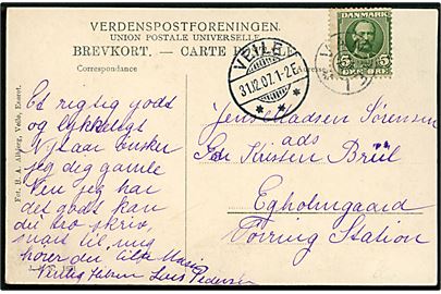 5 øre Fr. VIII på brevkort (Parti fra Vandel) annulleret med stjernestempel VANDEL og sidestemplet Veile d. 31.12.1907 til Tørring St.
