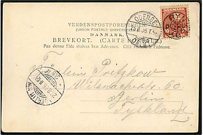 10 øre Chr. IX på brevkort (Kerteminde, Svanedammen) annulleret med stjernestempel RYNKEBY og sidestemplet bureau Odense - Dalby T.5 d. 25.8.1906 til Berlin, Tyskland.