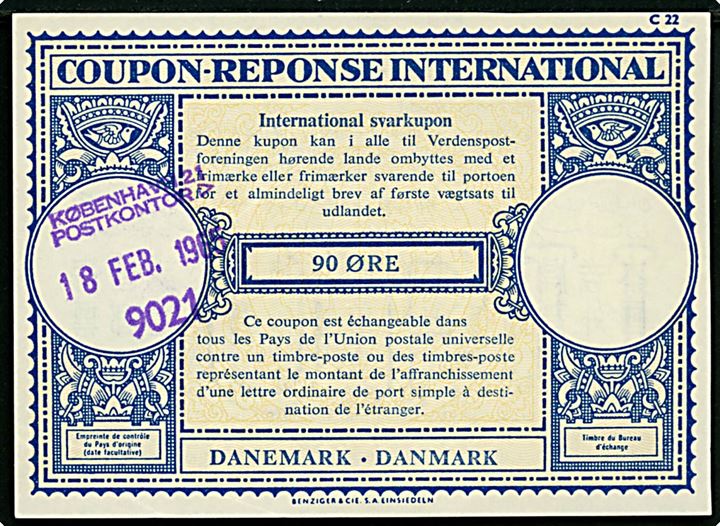90 øre International svarkupon med trodat stempel med tidlig sorteringskode: København 21 Postkontor / 9021 d. 18.2.1965.