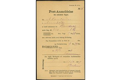 Post-Anmeldelse om ankomne Sager - Formular Nr. 39 a - med liniestempel RYOMGAARD for ankommen pakke med postopkrævning 4 kr. 74 øre fra Randers til Nimtofte d. 12.4.1899. Kvitteret ved Nimtofte brevsamlingssted d. 24.4.1899. 