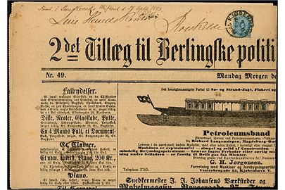 4 øre Tofarvet på 2. Tillæg til Berlingske Politiske og Avertissements-Tidende d. 27.2.1893 annulleret Kjøbenhavn d. 7.3.1893 til Roskilde. 