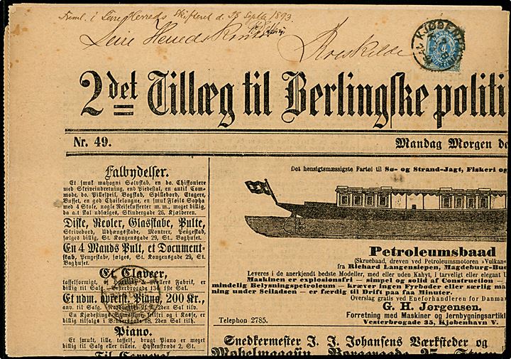 4 øre Tofarvet på 2. Tillæg til Berlingske Politiske og Avertissements-Tidende d. 27.2.1893 annulleret Kjøbenhavn d. 7.3.1893 til Roskilde. 