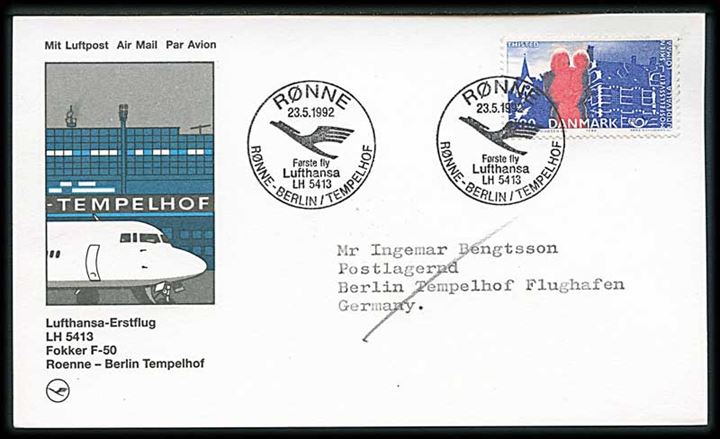 3,80 kr. Venskabsbyer på 1.-flyvningsbrevkort annulleret med særstempel Rønne / første fly Lufthansa LH 5413 Rønne-Berlin/Tempelhof d. 23.5.1992 til Berlin, Tyskland.