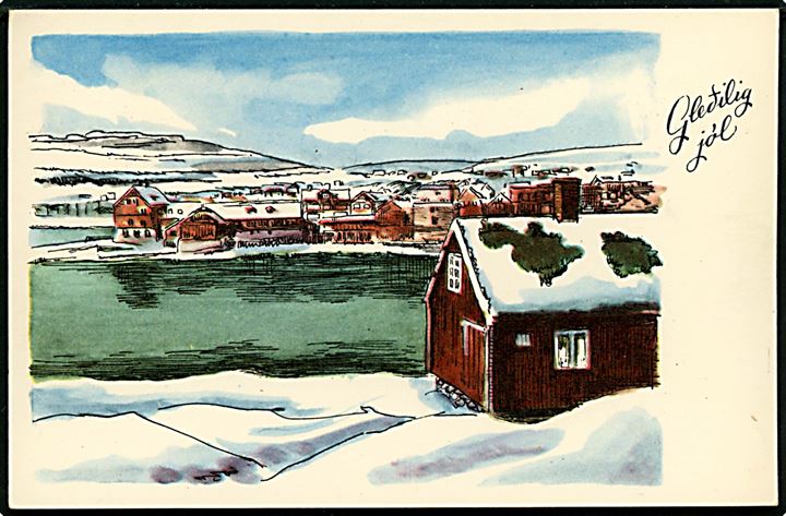 Thorshavn i sne. Tegnet kort. H:N. Jacobsen - Stenders no. 95792.
