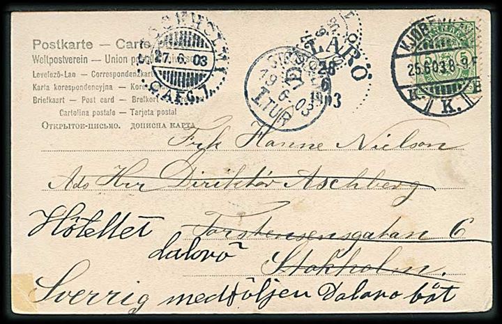 5 øre Våben på brevkort fra Kjøbenhavn d. 25.6.1903 til Stockholm, Sverige - eftersendt til skærgårdsadresse: Hotellet Dalarö - medföljen Dalarö Båt. Ank.stemplet Dalarö d. 28.6.1903.