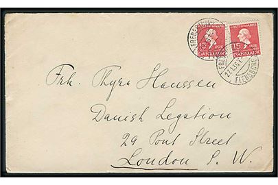 15 øre H.C.Andersen (2) på brev annulleret med bureaustempel Fredericia - Flensborg sn3 T.949 d. 27.1.1936 til Danske legation i London, England. Lidt medtaget på bagsiden.