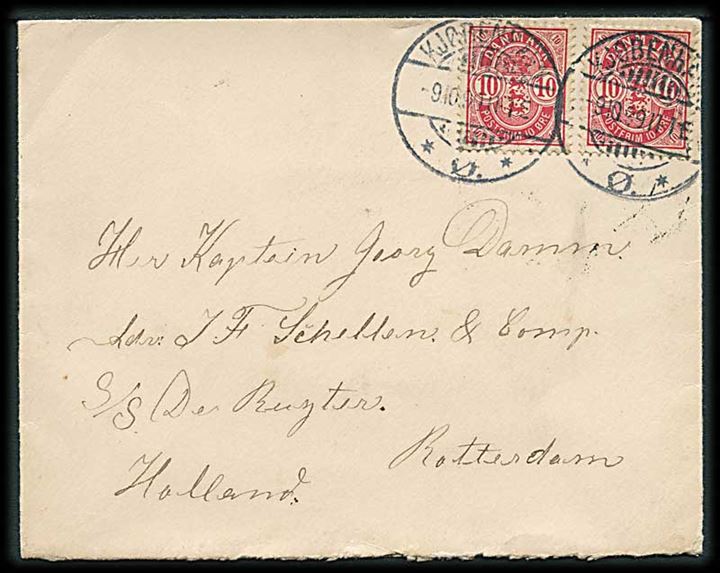 10 øre Våben (2) på brev fra Kjøbenhavn d. 9.10.1899 til kapt. George Damm ombord på S/S Der Ruyter, Rotterdam, Holland.