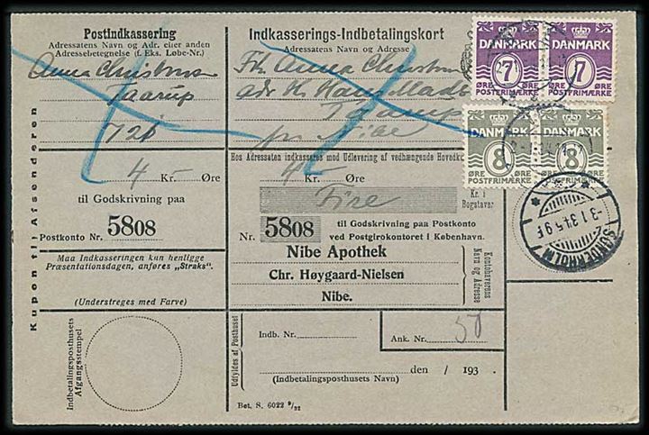 7 øre (par) og 8 øre (par) Bølgelinie på retur Indkasserings-Indbetalingskort fra Nibe d. 2.1.1934 til Taarup pr. Nibe. Sent anvendt brotype Ia Sønderholm d. 3.1.1934.