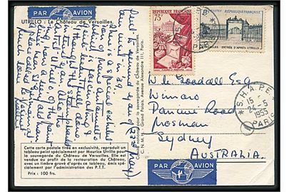 18 fr. og 75 fr. på luftpostbrevkort stemplet S.H.A.P.E. Paris d. 24.5.1955 til Sydney, Australien. S.H.A.P.E. = Nato hovedkvarteret (Supreme Headquarters Allied Powers Europe) ved Fontainebleau nær Paris (1951-1967).