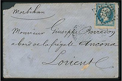 20 c. Napoleon III på brev annulleret med nr.stempel 532 med svagt sidestempel til fregat Ancona i Lorient. Ank.stemplet Lorient d. 19.1.1866.
