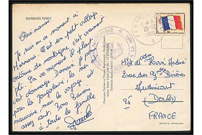 Fransk feltpostmærke frankeret brevkort (Marmaris, Tyrkiet) stemplet Paris Naval d. 13.12.1966 til Frankrig. Afd.stempel: Marine Nationale Service a la Mar