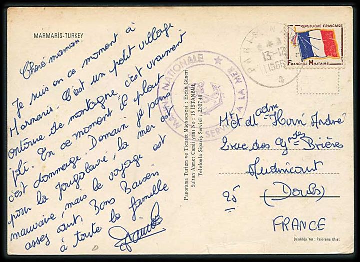 Fransk feltpostmærke frankeret brevkort (Marmaris, Tyrkiet) stemplet Paris Naval d. 13.12.1966 til Frankrig. Afd.stempel: Marine Nationale Service a la Mar