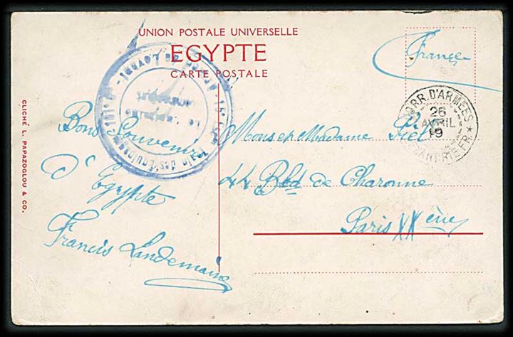 Ufrankeret feltpostkort (Cairo, Egypten) stemplet Corr. d'Armees Alexandrie Fr. d. 26.4.1919n til Paris, Frankrig. Afd.stempel fra Armee du Levant.