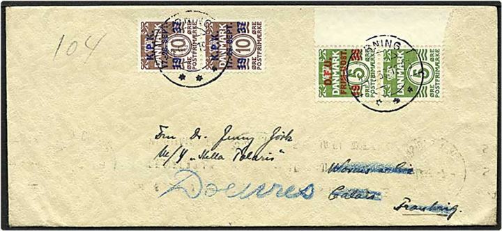 10 øre brun bølgelinie K.P.K. og 5 øre grøn bølgelinie D.F.U, par, på brev fra Herning d. 24.9.1938 til Calais, Frankrig. Brevet omadresseret.