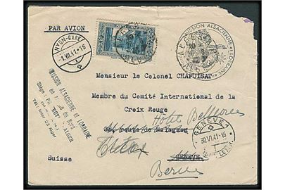 Algier. 3,50 fr. på luftpostbrev fra Algier d. 26.6.1941 til Internationalt Røde Kors i Schweiz - eftersendt flere gange. Afs.stempel: Mission Alsacienne et Lorraine en Afrique du Nord.