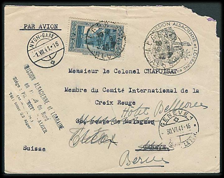 Algier. 3,50 fr. på luftpostbrev fra Algier d. 26.6.1941 til Internationalt Røde Kors i Schweiz - eftersendt flere gange. Afs.stempel: Mission Alsacienne et Lorraine en Afrique du Nord.