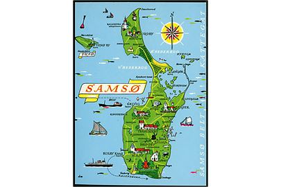 Samsø, tegnet landkort med seværdigheder og færgeruter. Fl. Andersen no. 143723114.