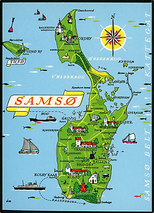 Samsø, tegnet landkort med seværdigheder og færgeruter. Fl. Andersen no. 143723114.