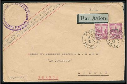 Tunesien. 75 c. i parstykke på luftpostbrev fra Souk el Abba d. 8.11.1938 til Lassay, Frankrig. Militært afs.-stempel: Compagnie de Combustibles Liquides I/204.