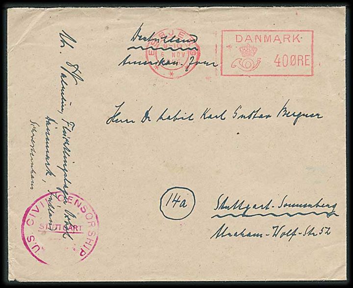 40 øre posthusfranko fra Esbjerg d. 6.11.1946 på flygtningebrev fra flygtningelejr Oksbøl til Stuttgart, Tyskland. Amerikansk efterkrigscensur fra Stuttgart.