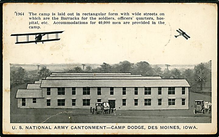 USA, U.S. National Army Cantonment - Camp Dodge, Des Moines, Iowa med flyvemaskiner. Sendt fra dansk håndværker som er ved at opfører militærlejr til 40.000 soldater.