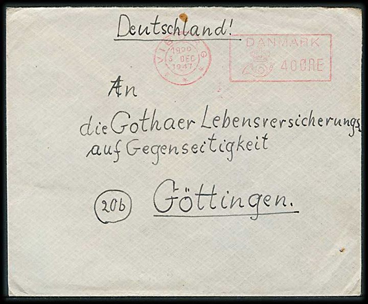 40 øre posthusfranko fra Viborg d. 3.12.1947 på flygtningebrev fra flygtningelejr 60-11 Grove pr. Karup til Göttingen, Tyskland.