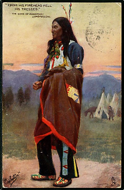 Iroquois indianer Hiawatha fra Longfellow's episke digt. Tuck & Son serie II no. 9011. Sendt underfrankeret fra Boston 1906 til Holstebro, Danmark. Udtakeret i 24 øre dansk porto.