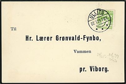 7 øre Bølgelinie på tryksagskort annulleret med brotype IIa Ullits d. 22.11.1929 til Vammen pr. Viborg.