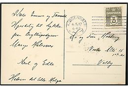 3 øre Bølgelinie på lokalt brevkort (Købh., Kongens Nytorv) annulleret med Universal forsøgsstempel Kjøbenhavn KKB d. 6.5.1912 til Valby. Benyttet i 1. prøveperiode 24.4.-6.6.1912.